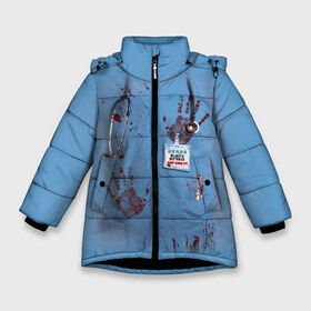 Зимняя куртка для девочек 3D с принтом Костюм врача кровь в Санкт-Петербурге, ткань верха — 100% полиэстер; подклад — 100% полиэстер, утеплитель — 100% полиэстер. | длина ниже бедра, удлиненная спинка, воротник стойка и отстегивающийся капюшон. Есть боковые карманы с листочкой на кнопках, утяжки по низу изделия и внутренний карман на молнии. 

Предусмотрены светоотражающий принт на спинке, радужный светоотражающий элемент на пуллере молнии и на резинке для утяжки. | Тематика изображения на принте: больница | врач | доктор | клиника | кровь