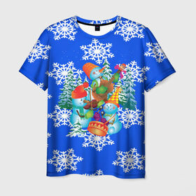 Мужская футболка 3D с принтом Снеговики в Санкт-Петербурге, 100% полиэфир | прямой крой, круглый вырез горловины, длина до линии бедер | christmas | new year | santa | дед мороз | елка | елочки | новогодний | новый год | рождество | сантаклаус | снег | снежинки