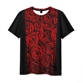 Мужская футболка 3D с принтом Унисекс / Красные розы в Санкт-Петербурге, 100% полиэфир | прямой крой, круглый вырез горловины, длина до линии бедер | Тематика изображения на принте: букет | красный | лепестки | модные | полосы | природа | растения | розочки | розы | сад | тренды | цвет | цветы | черный