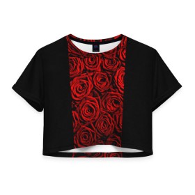 Женская футболка 3D укороченная с принтом Унисекс / Красные розы в Санкт-Петербурге, 100% полиэстер | круглая горловина, длина футболки до линии талии, рукава с отворотами | букет | красный | лепестки | модные | полосы | природа | растения | розочки | розы | сад | тренды | цвет | цветы | черный