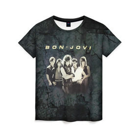 Женская футболка 3D с принтом Группа Bon Jovi в Санкт-Петербурге, 100% полиэфир ( синтетическое хлопкоподобное полотно) | прямой крой, круглый вырез горловины, длина до линии бедер | bon jovi | бон | бон джови | глэм | группа | джови | джон | рок | хард