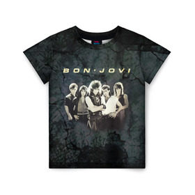 Детская футболка 3D с принтом Группа Bon Jovi в Санкт-Петербурге, 100% гипоаллергенный полиэфир | прямой крой, круглый вырез горловины, длина до линии бедер, чуть спущенное плечо, ткань немного тянется | bon jovi | бон | бон джови | глэм | группа | джови | джон | рок | хард