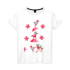Женская футболка хлопок с принтом Осень в Санкт-Петербурге, 100% хлопок | прямой крой, круглый вырез горловины, длина до линии бедер, слегка спущенное плечо | арт | дождь | еноты | зонт | лист | листья | осень
