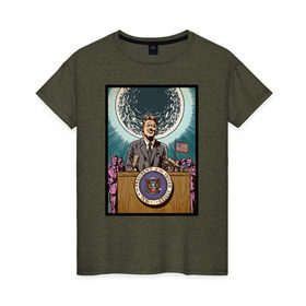 Женская футболка хлопок с принтом Джон Кеннеди в Санкт-Петербурге, 100% хлопок | прямой крой, круглый вырез горловины, длина до линии бедер, слегка спущенное плечо | apollo | nasa | usa | аполлон | высадка на луну | космическая гонка | луна | лунная программа | наса | президент америки | сша
