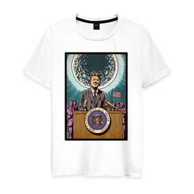 Мужская футболка хлопок с принтом Джон Кеннеди в Санкт-Петербурге, 100% хлопок | прямой крой, круглый вырез горловины, длина до линии бедер, слегка спущенное плечо. | apollo | nasa | usa | аполлон | высадка на луну | космическая гонка | луна | лунная программа | наса | президент америки | сша