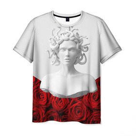 Мужская футболка 3D с принтом Унисекс / Snake roses girl в Санкт-Петербурге, 100% полиэфир | прямой крой, круглый вырез горловины, длина до линии бедер | букет | веты | красный | лепестки | модные | полосы | природа | растения | розочки | розы | сад | тренды | цвет | черный
