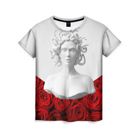 Женская футболка 3D с принтом Унисекс / Snake roses girl в Санкт-Петербурге, 100% полиэфир ( синтетическое хлопкоподобное полотно) | прямой крой, круглый вырез горловины, длина до линии бедер | букет | веты | красный | лепестки | модные | полосы | природа | растения | розочки | розы | сад | тренды | цвет | черный