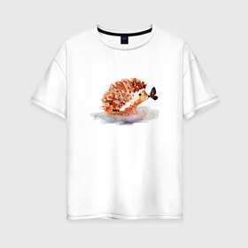 Женская футболка хлопок Oversize с принтом Ёжик в Санкт-Петербурге, 100% хлопок | свободный крой, круглый ворот, спущенный рукав, длина до линии бедер
 | ежик