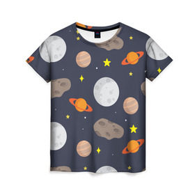 Женская футболка 3D с принтом Луна в Санкт-Петербурге, 100% полиэфир ( синтетическое хлопкоподобное полотно) | прямой крой, круглый вырез горловины, длина до линии бедер | астероид | луна | метеорит | планета | сатурн | юпитер