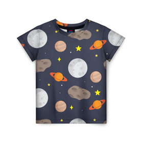 Детская футболка 3D с принтом Луна в Санкт-Петербурге, 100% гипоаллергенный полиэфир | прямой крой, круглый вырез горловины, длина до линии бедер, чуть спущенное плечо, ткань немного тянется | астероид | луна | метеорит | планета | сатурн | юпитер