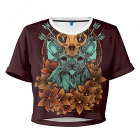 Женская футболка 3D укороченная с принтом Бедная Мурка в Санкт-Петербурге, 100% полиэстер | круглая горловина, длина футболки до линии талии, рукава с отворотами | кот | кошка | стрелы | хэллоуин | цветы | череп