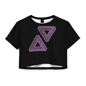 Женская футболка 3D укороченная с принтом Треугольники Пенроуза в Санкт-Петербурге, 100% полиэстер | круглая горловина, длина футболки до линии талии, рукава с отворотами | иллюзия | невероятный | невозможный | несуществующий | треугольник | трибар