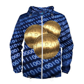 Мужская ветровка 3D с принтом Bitcoin в Санкт-Петербурге, 100% полиэстер | подол и капюшон оформлены резинкой с фиксаторами, два кармана без застежек по бокам, один потайной карман на груди | bitcoin | блокчейн | криптовалюта