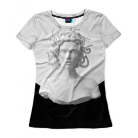 Женская футболка 3D с принтом Snake girl в Санкт-Петербурге, 100% полиэфир ( синтетическое хлопкоподобное полотно) | прямой крой, круглый вырез горловины, длина до линии бедер | snake | белый | волосы | глаза | губы | девушка | змеи | скульптура | тело.черный | цвет