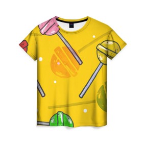 Женская футболка 3D с принтом Чупа-Чупс в Санкт-Петербурге, 100% полиэфир ( синтетическое хлопкоподобное полотно) | прямой крой, круглый вырез горловины, длина до линии бедер | конфеты | леденец | паттерн | сладость | узор | чупа чупс