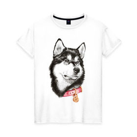 Женская футболка хлопок с принтом Маламут в Санкт-Петербурге, 100% хлопок | прямой крой, круглый вырез горловины, длина до линии бедер, слегка спущенное плечо | Тематика изображения на принте: аляска | карандаш | маламут | рисунок | собака | хаски