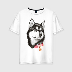 Женская футболка хлопок Oversize с принтом Маламут в Санкт-Петербурге, 100% хлопок | свободный крой, круглый ворот, спущенный рукав, длина до линии бедер
 | аляска | карандаш | маламут | рисунок | собака | хаски
