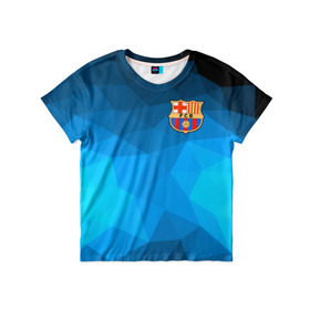 Детская футболка 3D с принтом FC Barcelona blue polygon 2018 в Санкт-Петербурге, 100% гипоаллергенный полиэфир | прямой крой, круглый вырез горловины, длина до линии бедер, чуть спущенное плечо, ткань немного тянется | Тематика изображения на принте: fc barcelona | мяч | спорт | футбол | чеппионат 