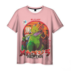 Мужская футболка 3D с принтом Годзилла в Санкт-Петербурге, 100% полиэфир | прямой крой, круглый вырез горловины, длина до линии бедер | lizard | raptor | reptar | t rex  dino | годзила | годзилла | динозавр | иероглифы | монстр | япония | ящер