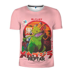 Мужская футболка 3D спортивная с принтом Годзилла в Санкт-Петербурге, 100% полиэстер с улучшенными характеристиками | приталенный силуэт, круглая горловина, широкие плечи, сужается к линии бедра | lizard | raptor | reptar | t rex  dino | годзила | годзилла | динозавр | иероглифы | монстр | япония | ящер