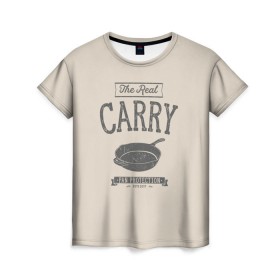 Женская футболка 3D с принтом The Real Carry - Pan Protectio в Санкт-Петербурге, 100% полиэфир ( синтетическое хлопкоподобное полотно) | прямой крой, круглый вырез горловины, длина до линии бедер | battlegrounds | playerunknowns | pubg | пубг | сковородка