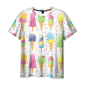 Мужская футболка 3D с принтом мороженное в Санкт-Петербурге, 100% полиэфир | прямой крой, круглый вырез горловины, длина до линии бедер | dessert | food | ice cream | sweets | десерт | еда | мороженное | сладости
