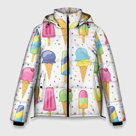 Мужская зимняя куртка 3D с принтом мороженное в Санкт-Петербурге, верх — 100% полиэстер; подкладка — 100% полиэстер; утеплитель — 100% полиэстер | длина ниже бедра, свободный силуэт Оверсайз. Есть воротник-стойка, отстегивающийся капюшон и ветрозащитная планка. 

Боковые карманы с листочкой на кнопках и внутренний карман на молнии. | Тематика изображения на принте: dessert | food | ice cream | sweets | десерт | еда | мороженное | сладости