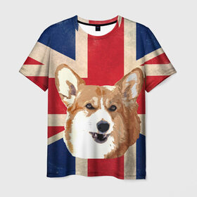 Мужская футболка 3D с принтом Королевский корги в Санкт-Петербурге, 100% полиэфир | прямой крой, круглый вырез горловины, длина до линии бедер | Тематика изображения на принте: англия | великобритания | вельш корги | корги | корги пемброк | королева | пемброк | собака | флаг
