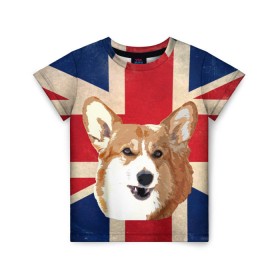 Детская футболка 3D с принтом Королевский корги в Санкт-Петербурге, 100% гипоаллергенный полиэфир | прямой крой, круглый вырез горловины, длина до линии бедер, чуть спущенное плечо, ткань немного тянется | англия | великобритания | вельш корги | корги | корги пемброк | королева | пемброк | собака | флаг