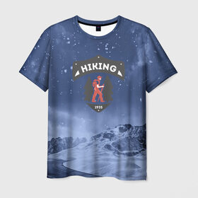 Мужская футболка 3D с принтом Пеший турист в Санкт-Петербурге, 100% полиэфир | прямой крой, круглый вырез горловины, длина до линии бедер | Тематика изображения на принте: mountain | возвышение | возвышенность | гора | горка | горы | лес | природа | склон | туман | холм
