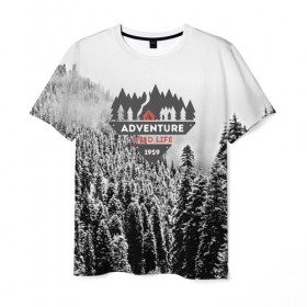 Мужская футболка 3D с принтом Приключение(Wild life) в Санкт-Петербурге, 100% полиэфир | прямой крой, круглый вырез горловины, длина до линии бедер | mountain | возвышение | возвышенность | гора | горка | горы | лес | природа | склон | туман | холм
