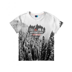 Детская футболка 3D с принтом Приключение(Wild life) в Санкт-Петербурге, 100% гипоаллергенный полиэфир | прямой крой, круглый вырез горловины, длина до линии бедер, чуть спущенное плечо, ткань немного тянется | mountain | возвышение | возвышенность | гора | горка | горы | лес | природа | склон | туман | холм