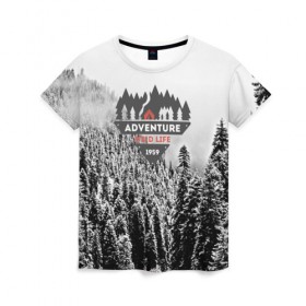 Женская футболка 3D с принтом Приключение(Wild life) в Санкт-Петербурге, 100% полиэфир ( синтетическое хлопкоподобное полотно) | прямой крой, круглый вырез горловины, длина до линии бедер | mountain | возвышение | возвышенность | гора | горка | горы | лес | природа | склон | туман | холм