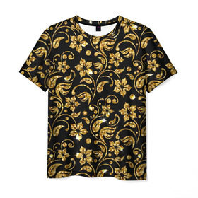 Мужская футболка 3D с принтом Люкс в Санкт-Петербурге, 100% полиэфир | прямой крой, круглый вырез горловины, длина до линии бедер | diamond | flowers | gold | golden | блеск | богатство | бриллиант | злато | золото | орнамент | узор | цветы