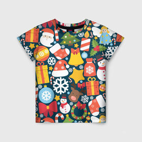 Детская футболка 3D с принтом Новогодний набор в Санкт-Петербурге, 100% гипоаллергенный полиэфир | прямой крой, круглый вырез горловины, длина до линии бедер, чуть спущенное плечо, ткань немного тянется | new year | елка | новый год | подарок | снеговик | снежинка