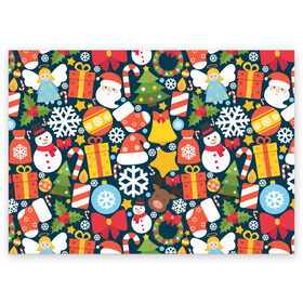 Поздравительная открытка с принтом Новогодний набор в Санкт-Петербурге, 100% бумага | плотность бумаги 280 г/м2, матовая, на обратной стороне линовка и место для марки
 | new year | елка | новый год | подарок | снеговик | снежинка