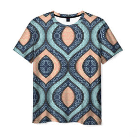 Мужская футболка 3D с принтом Восточные узоры в Санкт-Петербурге, 100% полиэфир | прямой крой, круглый вырез горловины, длина до линии бедер | бежевый | кружево | мода | модные | синий | узоры | цвет | цветные | яркие
