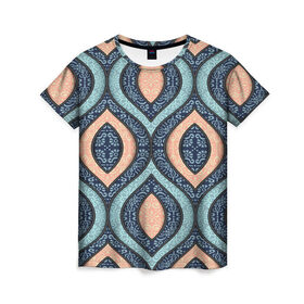 Женская футболка 3D с принтом Восточные узоры в Санкт-Петербурге, 100% полиэфир ( синтетическое хлопкоподобное полотно) | прямой крой, круглый вырез горловины, длина до линии бедер | бежевый | кружево | мода | модные | синий | узоры | цвет | цветные | яркие