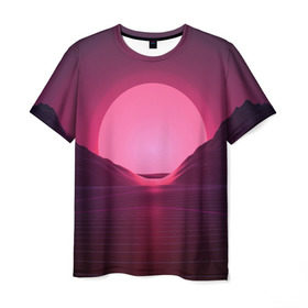 Мужская футболка 3D с принтом Cyber Sun в Санкт-Петербурге, 100% полиэфир | прямой крой, круглый вырез горловины, длина до линии бедер | cyber | голограмма | горы | кибер | модные | полосы | ретро | свет | солнце | яркие