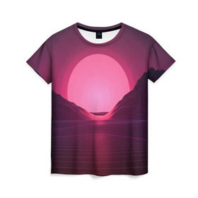 Женская футболка 3D с принтом Cyber Sun в Санкт-Петербурге, 100% полиэфир ( синтетическое хлопкоподобное полотно) | прямой крой, круглый вырез горловины, длина до линии бедер | cyber | голограмма | горы | кибер | модные | полосы | ретро | свет | солнце | яркие