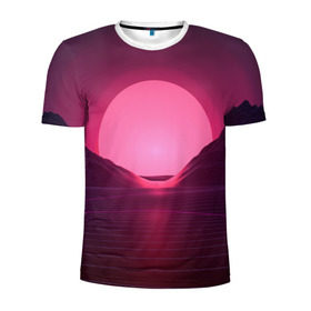 Мужская футболка 3D спортивная с принтом Cyber Sun в Санкт-Петербурге, 100% полиэстер с улучшенными характеристиками | приталенный силуэт, круглая горловина, широкие плечи, сужается к линии бедра | cyber | голограмма | горы | кибер | модные | полосы | ретро | свет | солнце | яркие