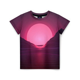 Детская футболка 3D с принтом Cyber Sun в Санкт-Петербурге, 100% гипоаллергенный полиэфир | прямой крой, круглый вырез горловины, длина до линии бедер, чуть спущенное плечо, ткань немного тянется | cyber | голограмма | горы | кибер | модные | полосы | ретро | свет | солнце | яркие