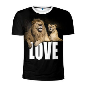Мужская футболка 3D спортивная с принтом LOVE в Санкт-Петербурге, 100% полиэстер с улучшенными характеристиками | приталенный силуэт, круглая горловина, широкие плечи, сужается к линии бедра | влюблённые | дикая кошка | животные | лев | львица | любовь | пара | природа | свадьба