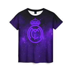 Женская футболка 3D с принтом FC Real Madrid(SPACE STYLE) в Санкт-Петербурге, 100% полиэфир ( синтетическое хлопкоподобное полотно) | прямой крой, круглый вырез горловины, длина до линии бедер | real madrid | футбол | футбольный клуб | чемпионат