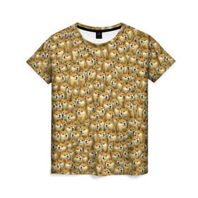 Женская футболка 3D с принтом Собачки Doge в Санкт-Петербурге, 100% полиэфир ( синтетическое хлопкоподобное полотно) | прямой крой, круглый вырез горловины, длина до линии бедер | doge | meme | доги | желтый | мем | паттерн | пёс | собака | текстура