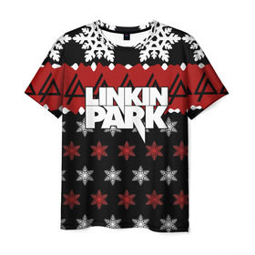 Мужская футболка 3D с принтом Праздничный Linkin Park в Санкт-Петербурге, 100% полиэфир | прямой крой, круглый вырез горловины, длина до линии бедер | Тематика изображения на принте: b | chester | linkin park | альтернативный метал | альтернативный рок | беннингтон | группа | знак | красный | линкин парк | музыкант | надпись | новогодний | новый год | ню метал | певец | праздник | рождество
