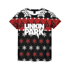 Женская футболка 3D с принтом Праздничный Linkin Park в Санкт-Петербурге, 100% полиэфир ( синтетическое хлопкоподобное полотно) | прямой крой, круглый вырез горловины, длина до линии бедер | b | chester | linkin park | альтернативный метал | альтернативный рок | беннингтон | группа | знак | красный | линкин парк | музыкант | надпись | новогодний | новый год | ню метал | певец | праздник | рождество