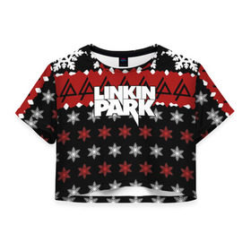 Женская футболка 3D укороченная с принтом Праздничный Linkin Park в Санкт-Петербурге, 100% полиэстер | круглая горловина, длина футболки до линии талии, рукава с отворотами | b | chester | linkin park | альтернативный метал | альтернативный рок | беннингтон | группа | знак | красный | линкин парк | музыкант | надпись | новогодний | новый год | ню метал | певец | праздник | рождество