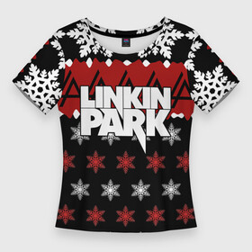 Женская футболка 3D Slim с принтом Праздничный Linkin Park в Санкт-Петербурге,  |  | b | chester | linkin park | альтернативный метал | альтернативный рок | беннингтон | группа | знак | красный | линкин парк | музыкант | надпись | новогодний | новый год | ню метал | певец | праздник | рождество