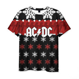 Мужская футболка 3D с принтом Праздничный AC/DC в Санкт-Петербурге, 100% полиэфир | прямой крой, круглый вырез горловины, длина до линии бедер | ac dc | acdc | for those about to ro | австралийская | ангус янг | блюз рок | головы | группа | знак | красный | крис слэйд | музыканты | надпись | новогодний | новый год | певцы | праздник | рождество | рок | рок н ролл